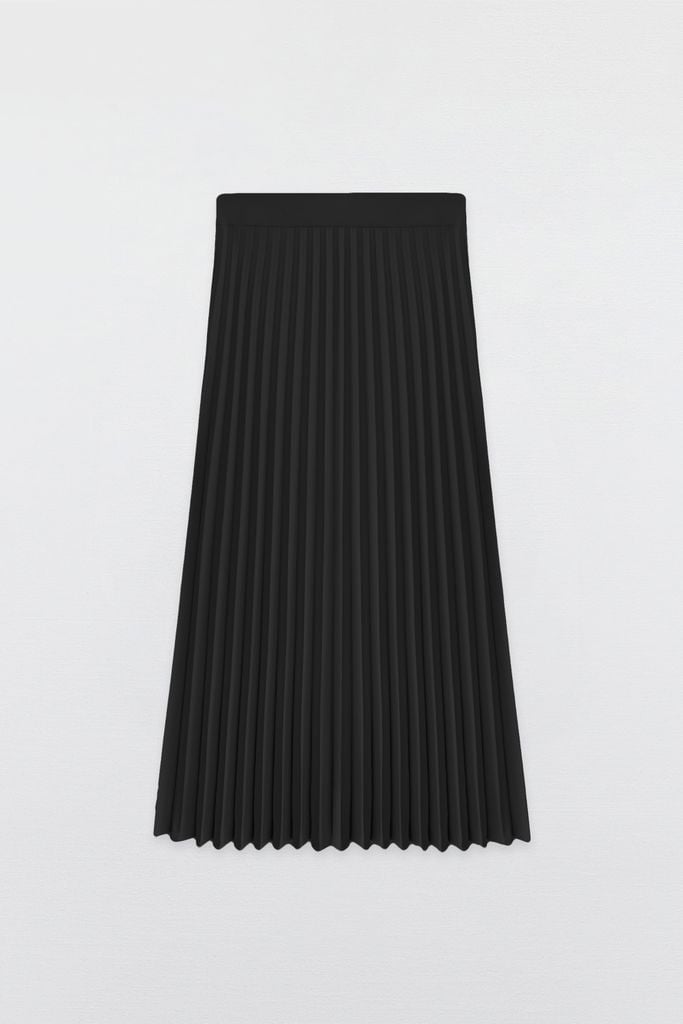 Midi skirts casual style tuytsy trơn đen dập ly