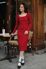 Knit dresses poly xốp đỏ đô cổ vuông