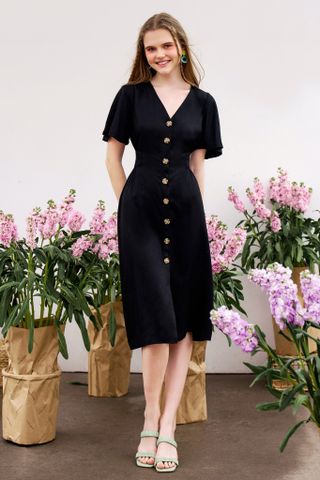 Midi dress thô mềm màu đen