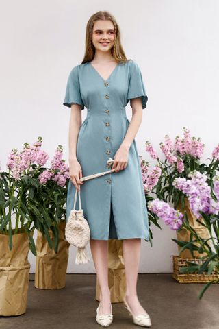 MIdi dress thô mềm màu xanh baby