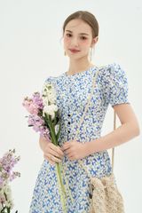 Đầm mini thô hoa xanh baby xếp nhún