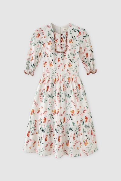 Đầm mini tunic thô lụa hoa nhỡ nối tầng