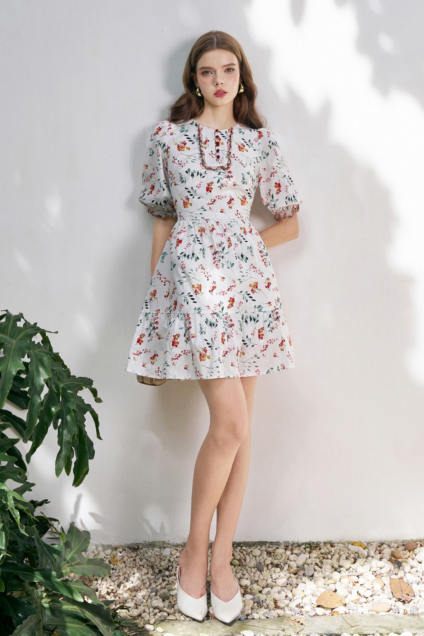Đầm mini tunic thô lụa hoa nhỡ nối tầng