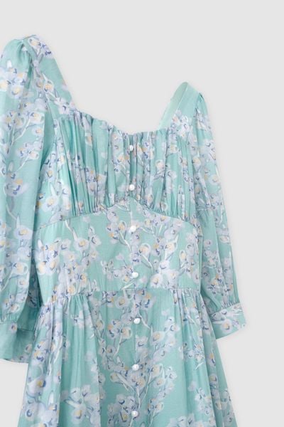 Đầm midi feminine voan tơ hoa nhỡ xanh ngọc