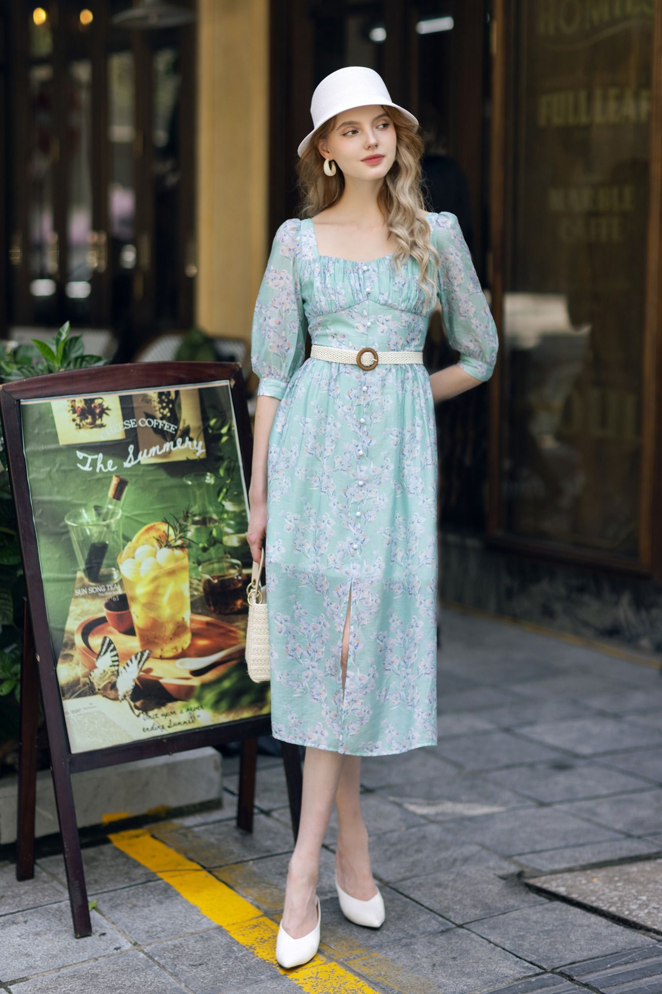 Đầm midi feminine voan tơ hoa nhỡ xanh ngọc