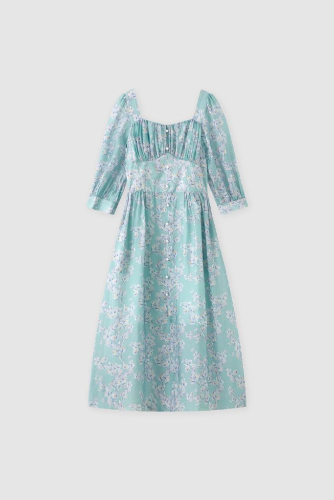 Đầm midi feminine voan tơ hoa nhỡ xanh ngọc