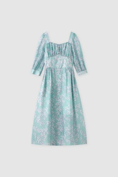 Đầm midi feminine voan tơ hoa nhỡ xanh ngọc