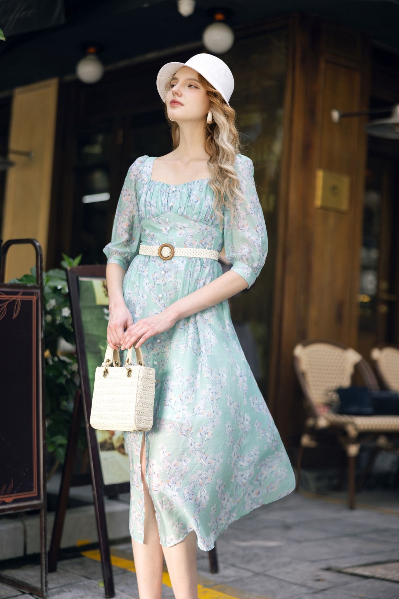 Đầm midi feminine voan tơ hoa nhỡ xanh ngọc
