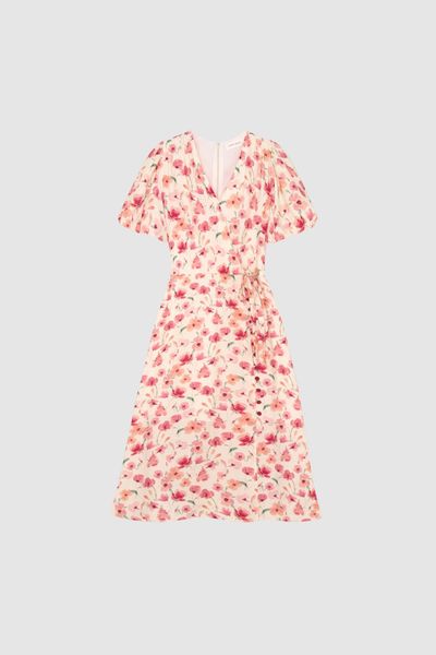 Đầm midi feminine lụa hoa nhỡ đỏ khuy bọc