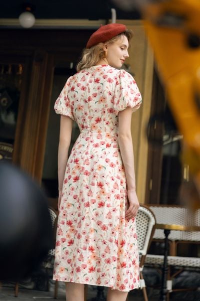 Đầm midi feminine lụa hoa nhỡ đỏ khuy bọc