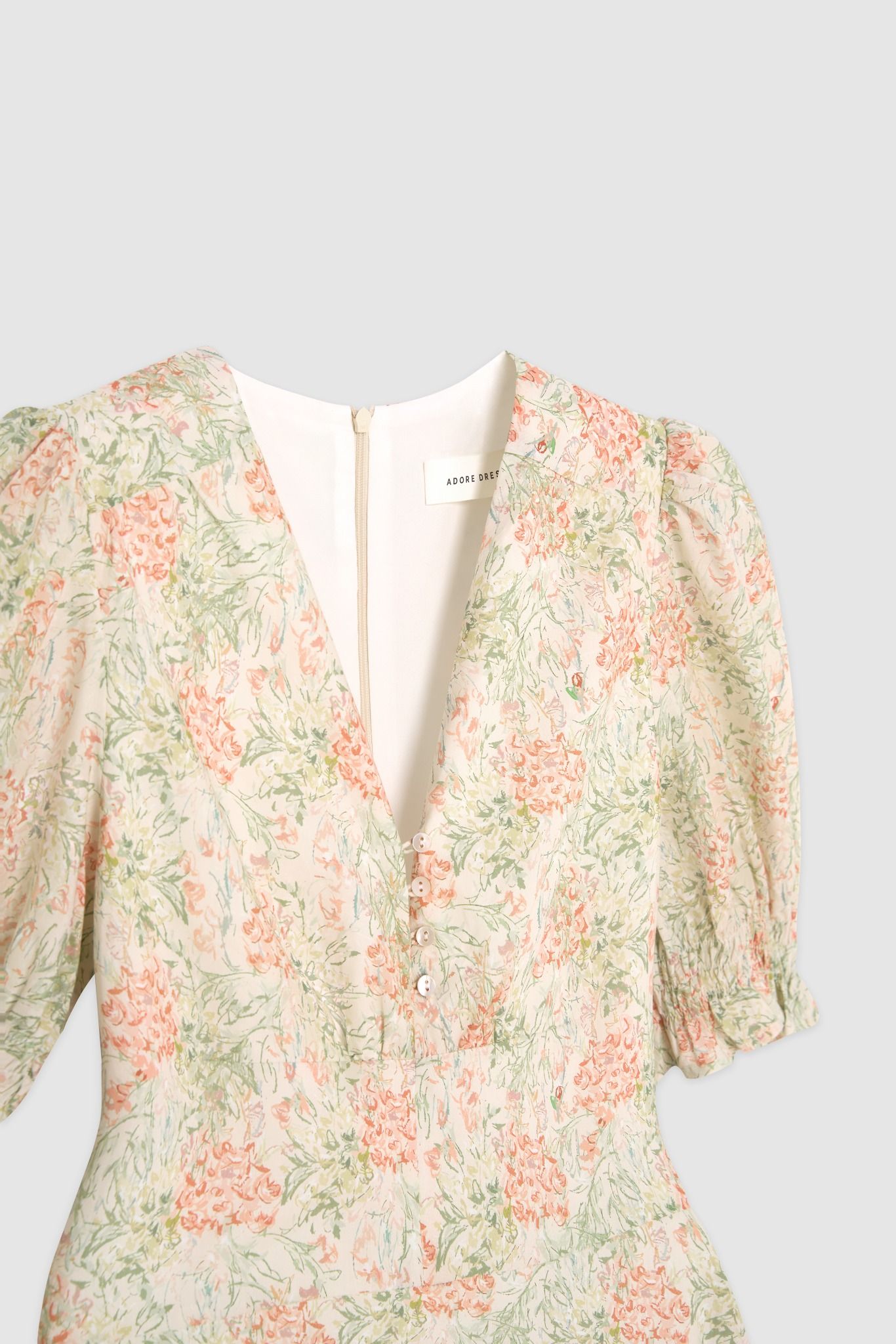 Đầm midi feminine thô lụa hoa nhỡ cam khuy eo