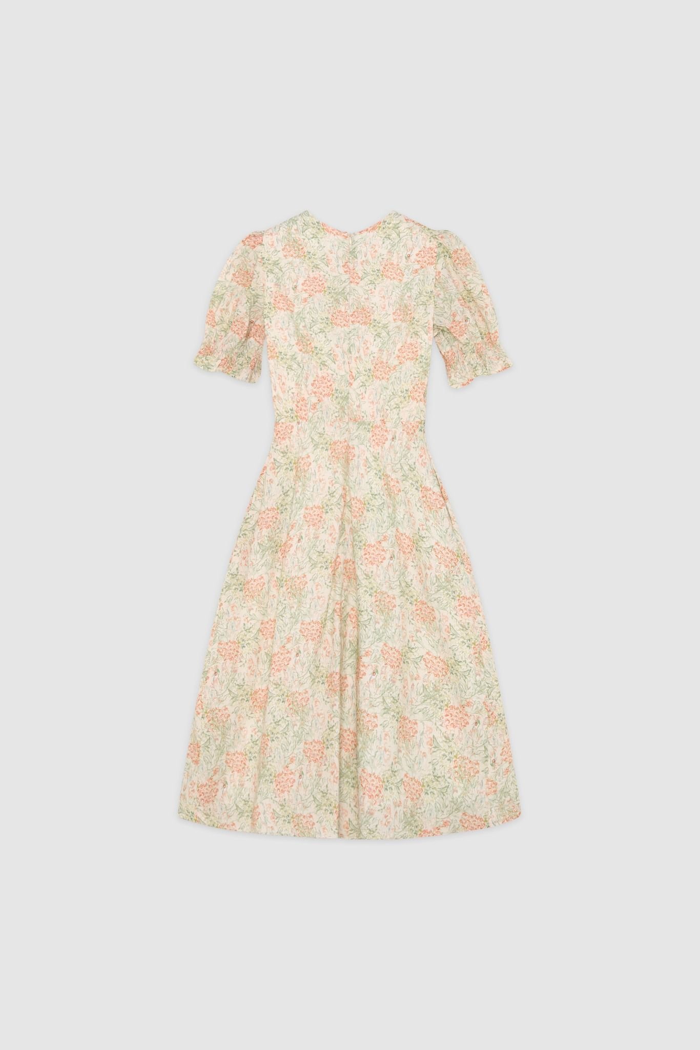 Đầm midi feminine thô lụa hoa nhỡ cam khuy eo