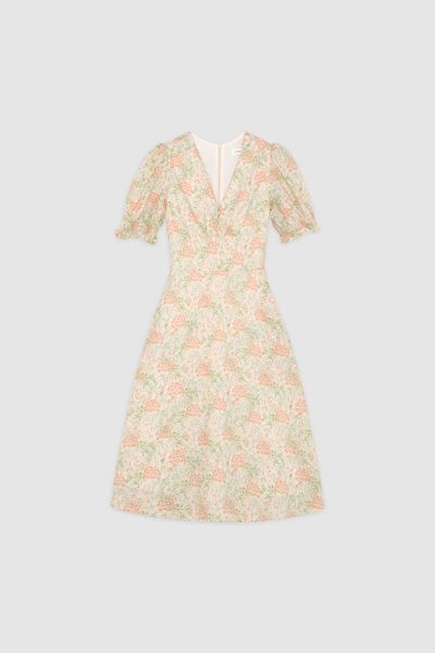 Đầm midi feminine thô lụa hoa nhỡ cam khuy eo