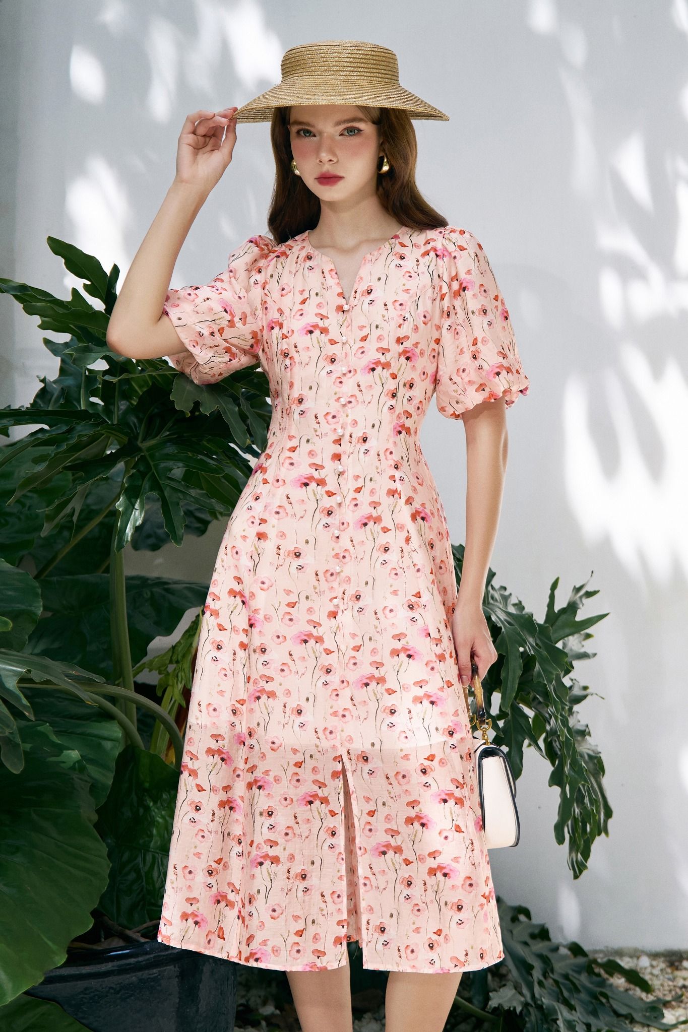 Đầm midi feminine voan tơ hoa nhỡ hồng
