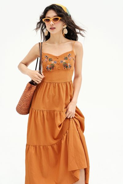 Đầm không tay Thêu florals Đũi chun