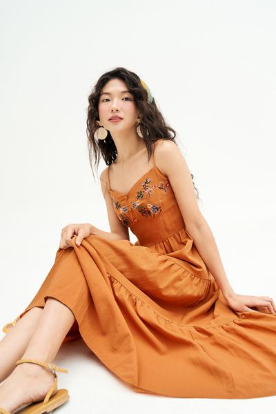 Đầm không tay Thêu florals Đũi chun