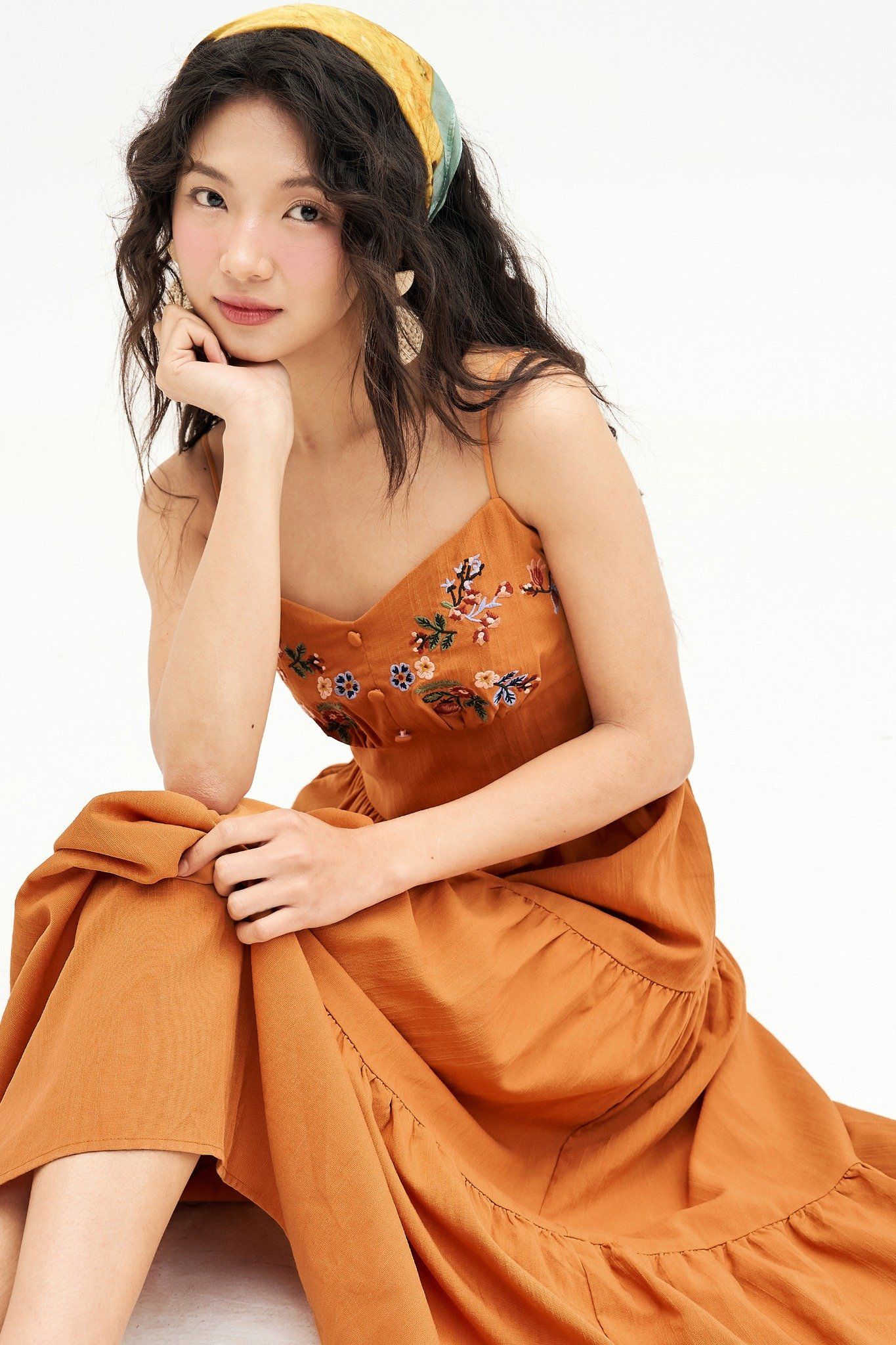 Đầm không tay Thêu florals Đũi chun