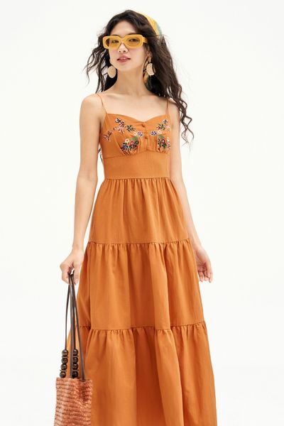 Đầm không tay Thêu florals Đũi chun