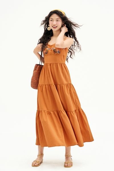 Đầm không tay Thêu florals Đũi chun