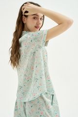 Set Pyjamas lụa tay cộc quần short hoa dây nền xanh mint