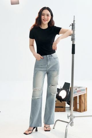 Quần jeans ống suông xanh mài rách