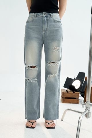 Quần jeans ống suông xanh mài rách