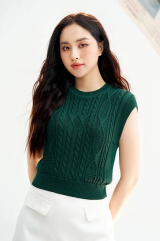 Áo crop sợi Rayon vặn thừng xanh green tay chờm