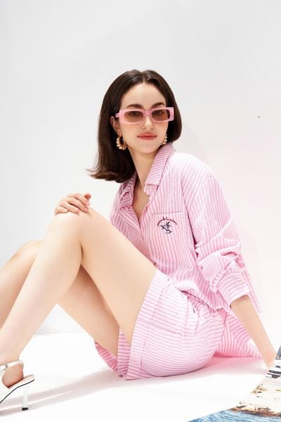 Quần shorts thô sọc hồng barbie túi sườn