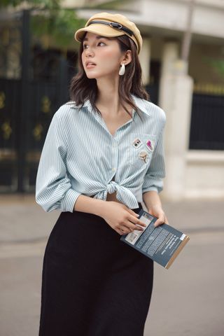 Sơ mi casual style thô kẻ xanh thiên thanh