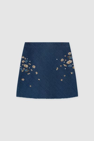 Chân váy mini casual denim xanh chàm thêu 2 bên