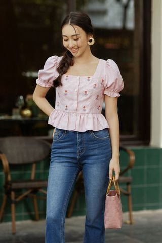 Áo kiểu thô kẻ hồng baby peplum thêu hoa trám