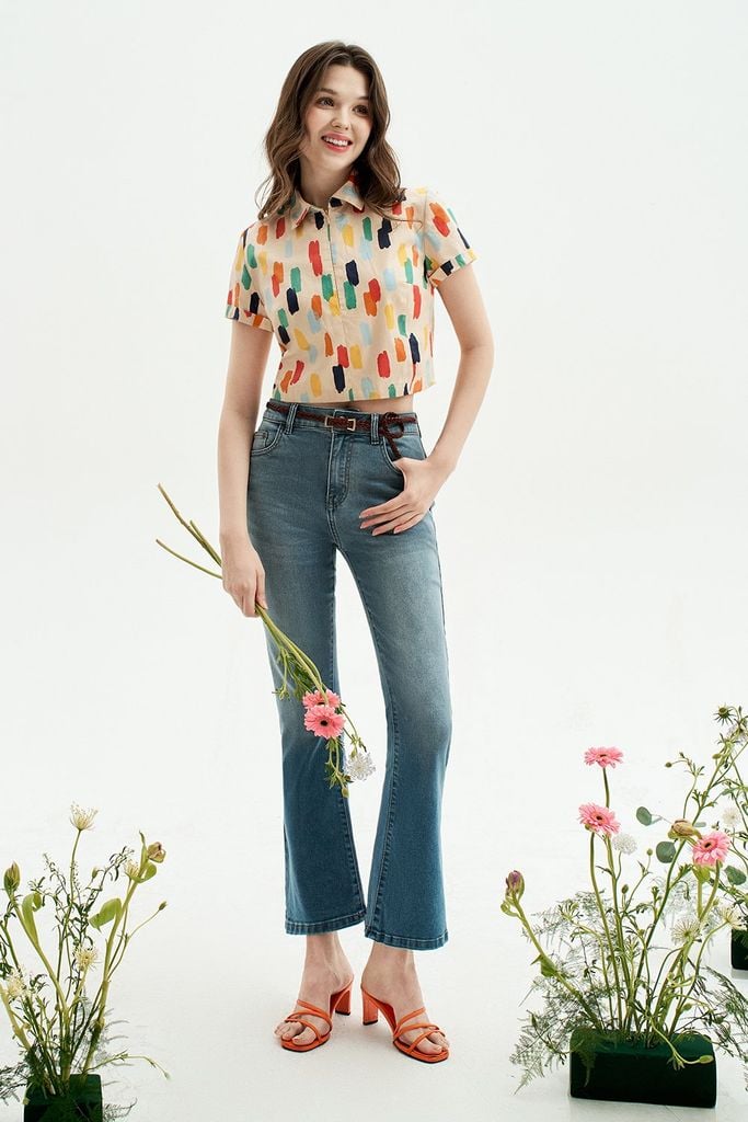 Quần jeans ống flare denim màu stone wash