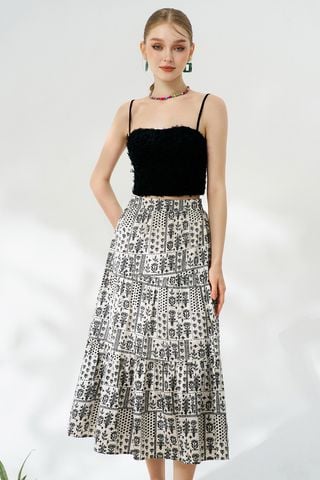 Chân váy midi thô hoa trắng đen nối tầng