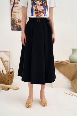 Chân váy midi tuytsy dark navy xếp ly