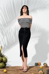 Áo phông crop thun tăm kẻ đen trắng off shoulder