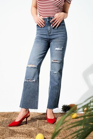 Quần jeans ống suông xanh chàm mài rách