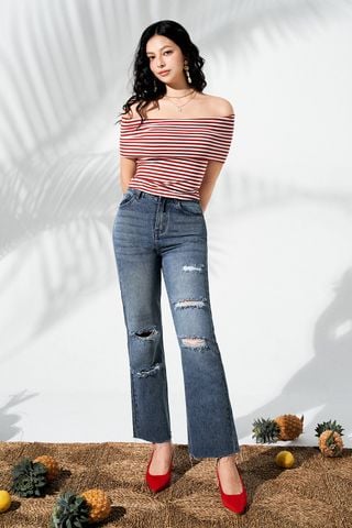 Quần jeans ống suông xanh chàm mài rách