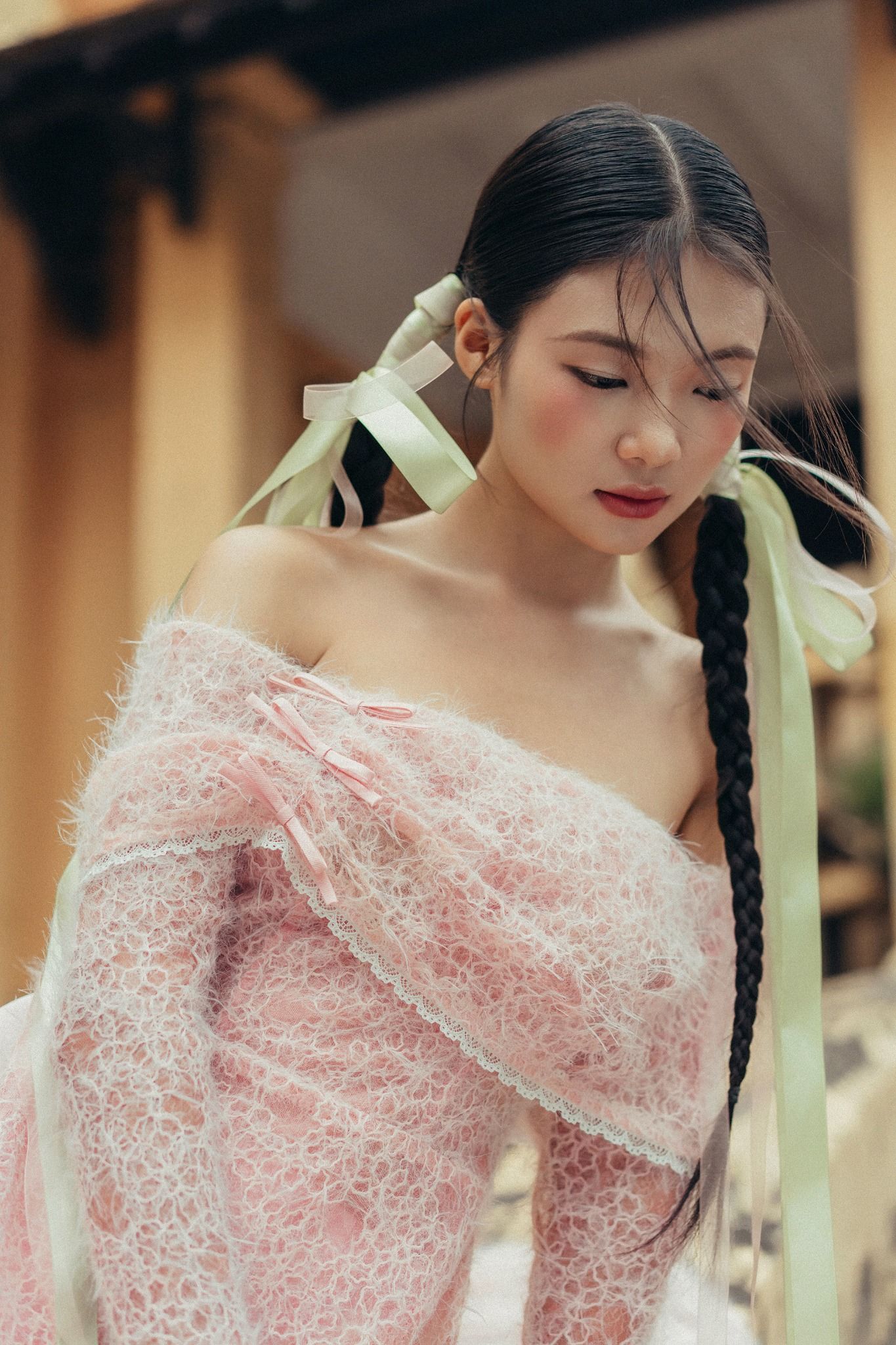 Bộ áo dài nữ lưới ren mây phấn