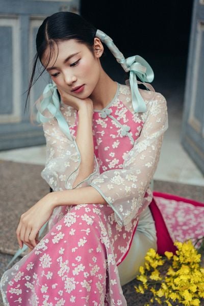 Bộ áo dài nữ voan tơ hoa rơi hồng ngọc quyên