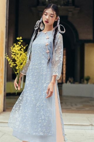 Bộ áo dài nữ voan tơ hoa rơi xanh ý vân