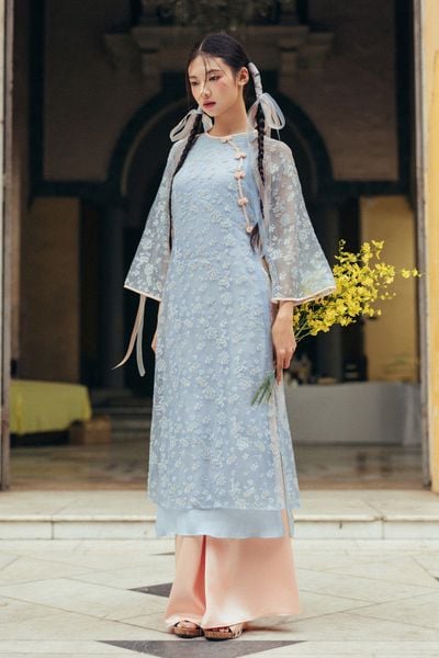 Bộ áo dài nữ voan tơ hoa rơi xanh ý vân