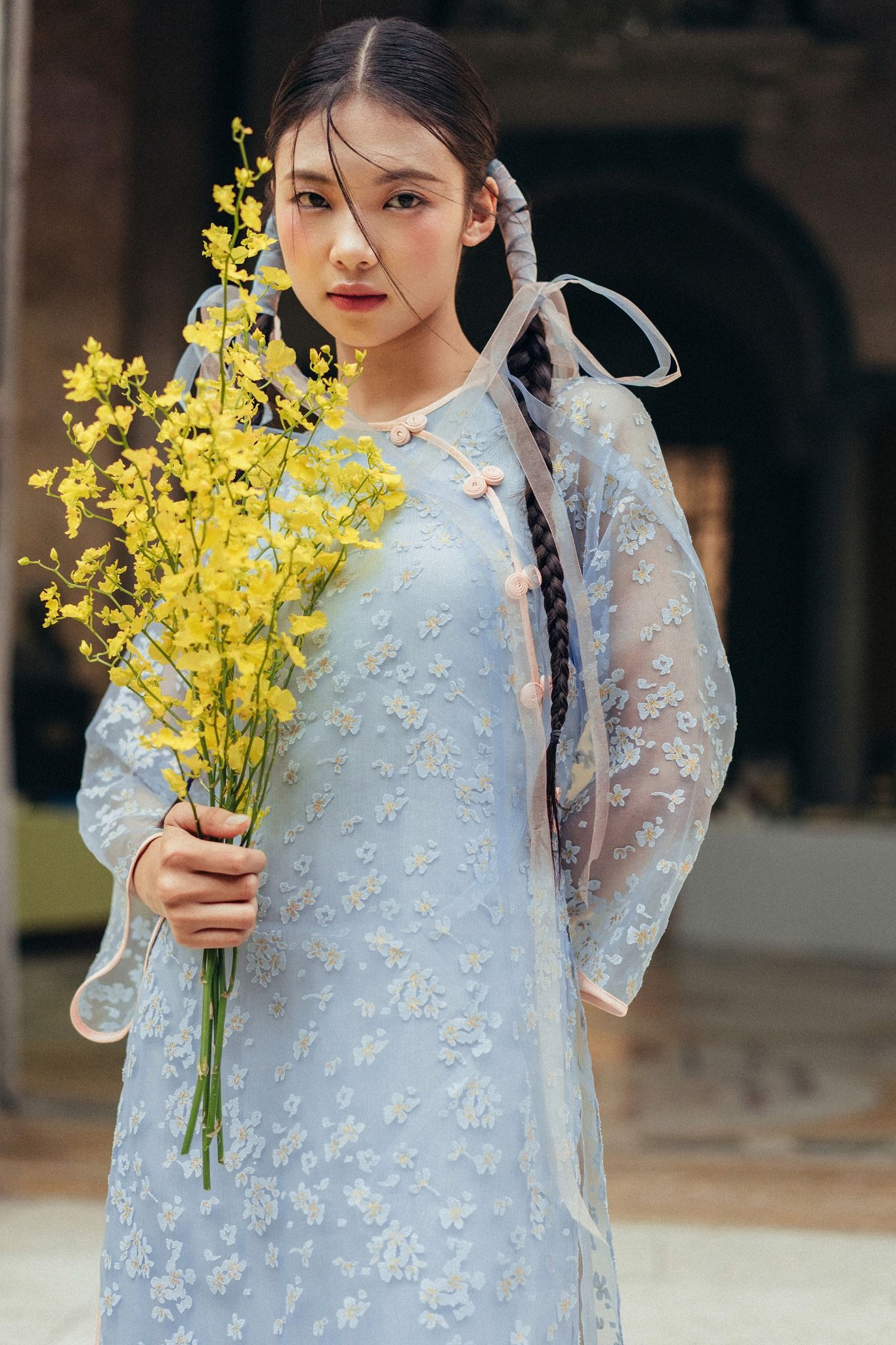 Bộ áo dài nữ voan tơ hoa rơi xanh ý vân
