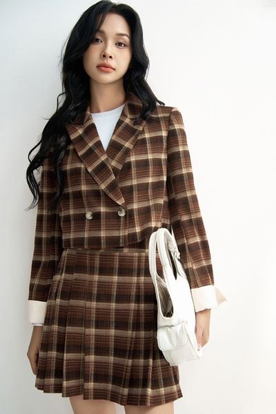 Chân váy mini xoè xếp ly karo nâu