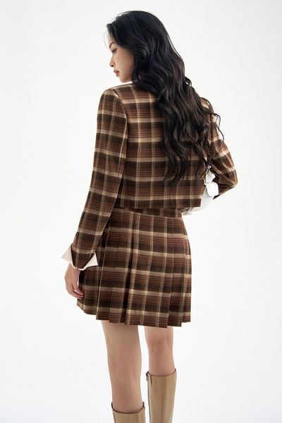 Chân váy mini xoè xếp ly karo nâu