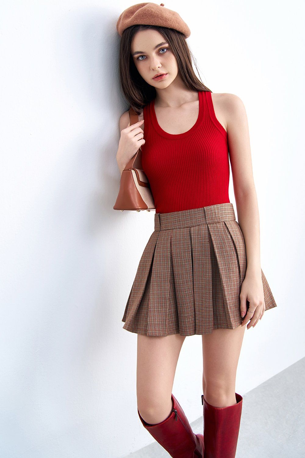 Chân váy mini xoè xếp ly tùng karo nâu
