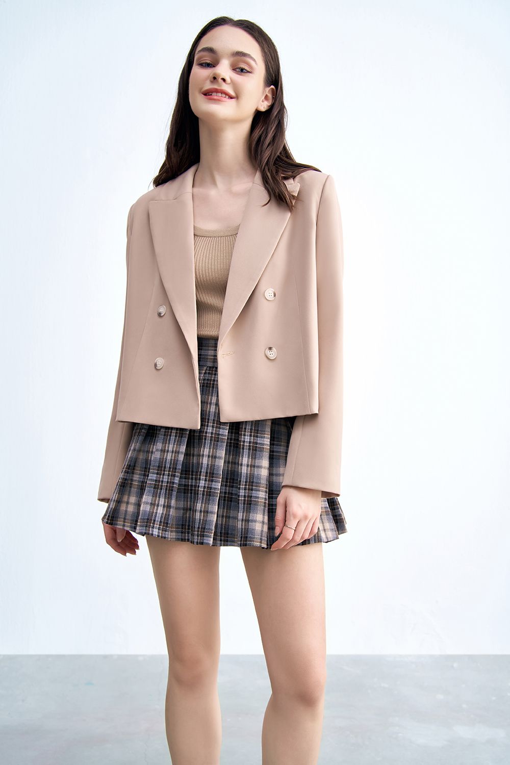 Chân váy mini xoè xếp ly tùng karo ghi
