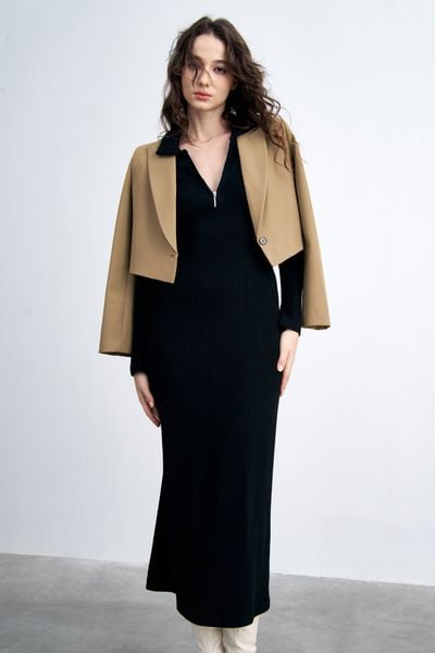 Áo blazer crop nâu ánh rêu cổ 2 ve