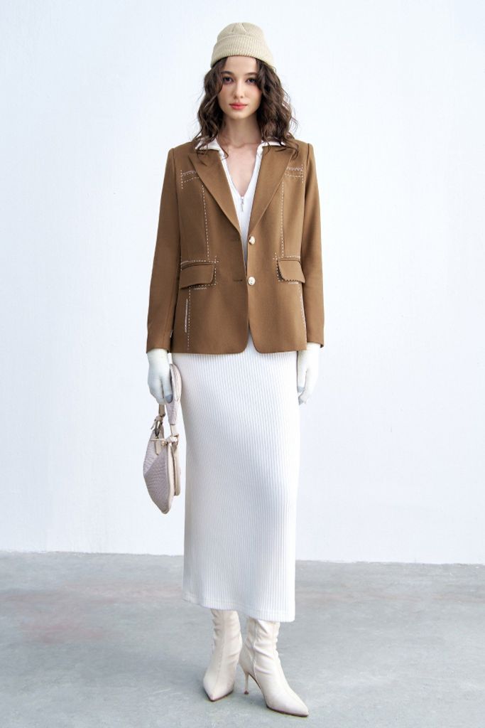 Áo blazer dạ camel diễu chỉ