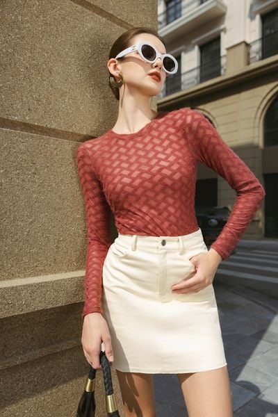 Chân váy mini casual khaki kem