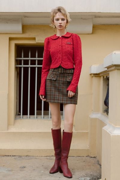 Chân váy mini A dạ karo nâu đai bọc